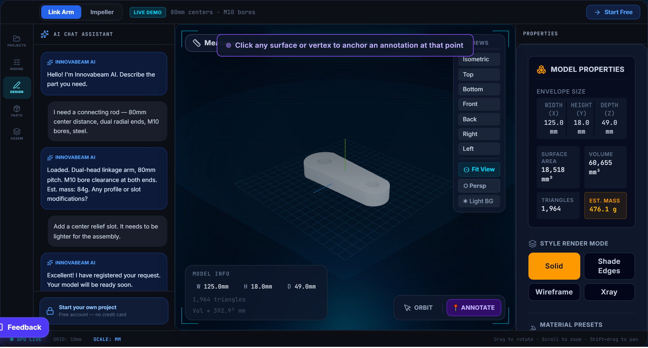 InnovaBeam Design tab with the Annotate tool active over a 3D model