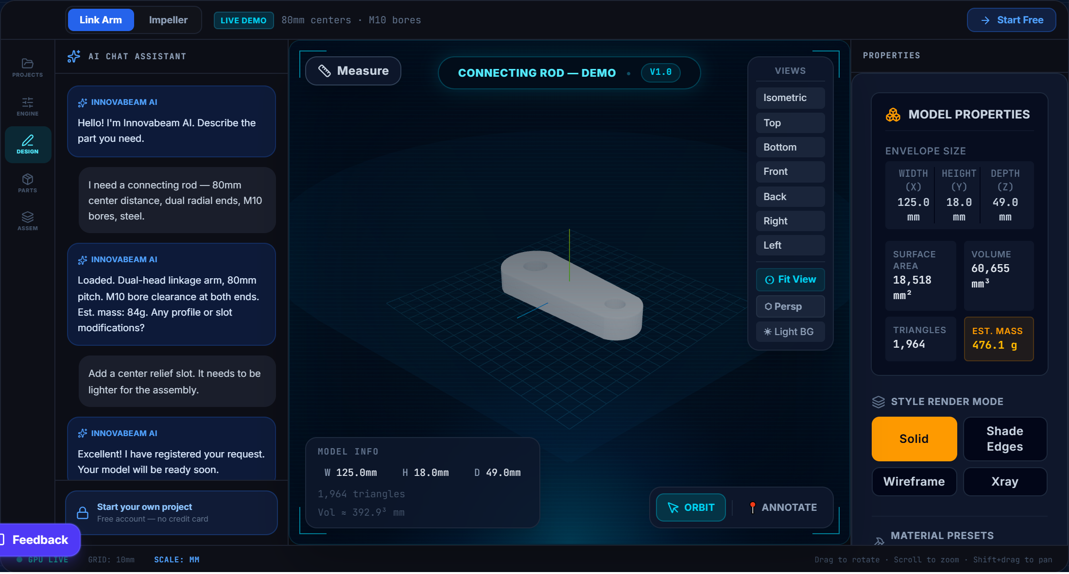 InnovaBeam Design tab with AI chat, 3D viewport, and properties panel