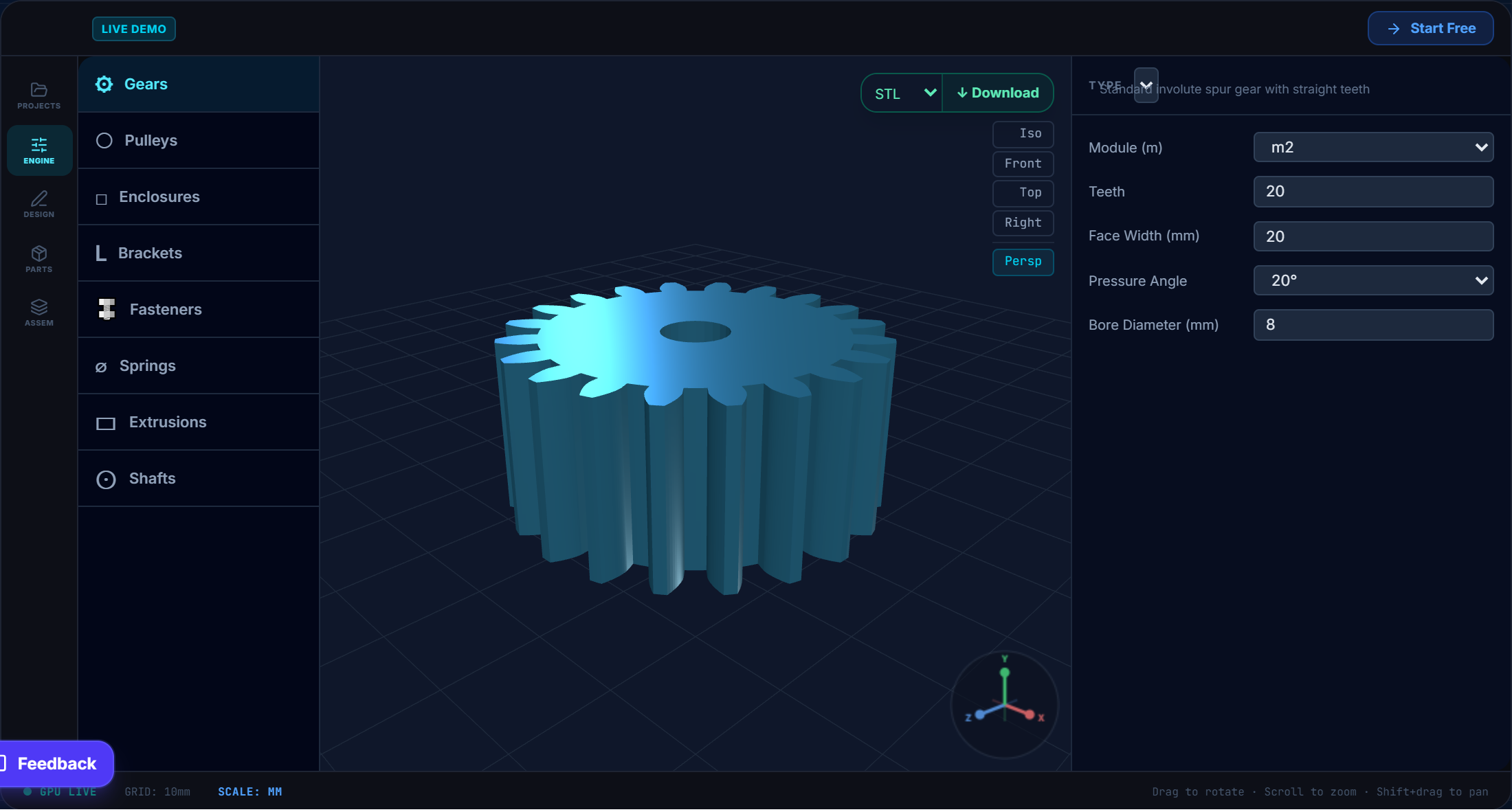InnovaBeam Parts Engine generating a spur gear with live parameter controls