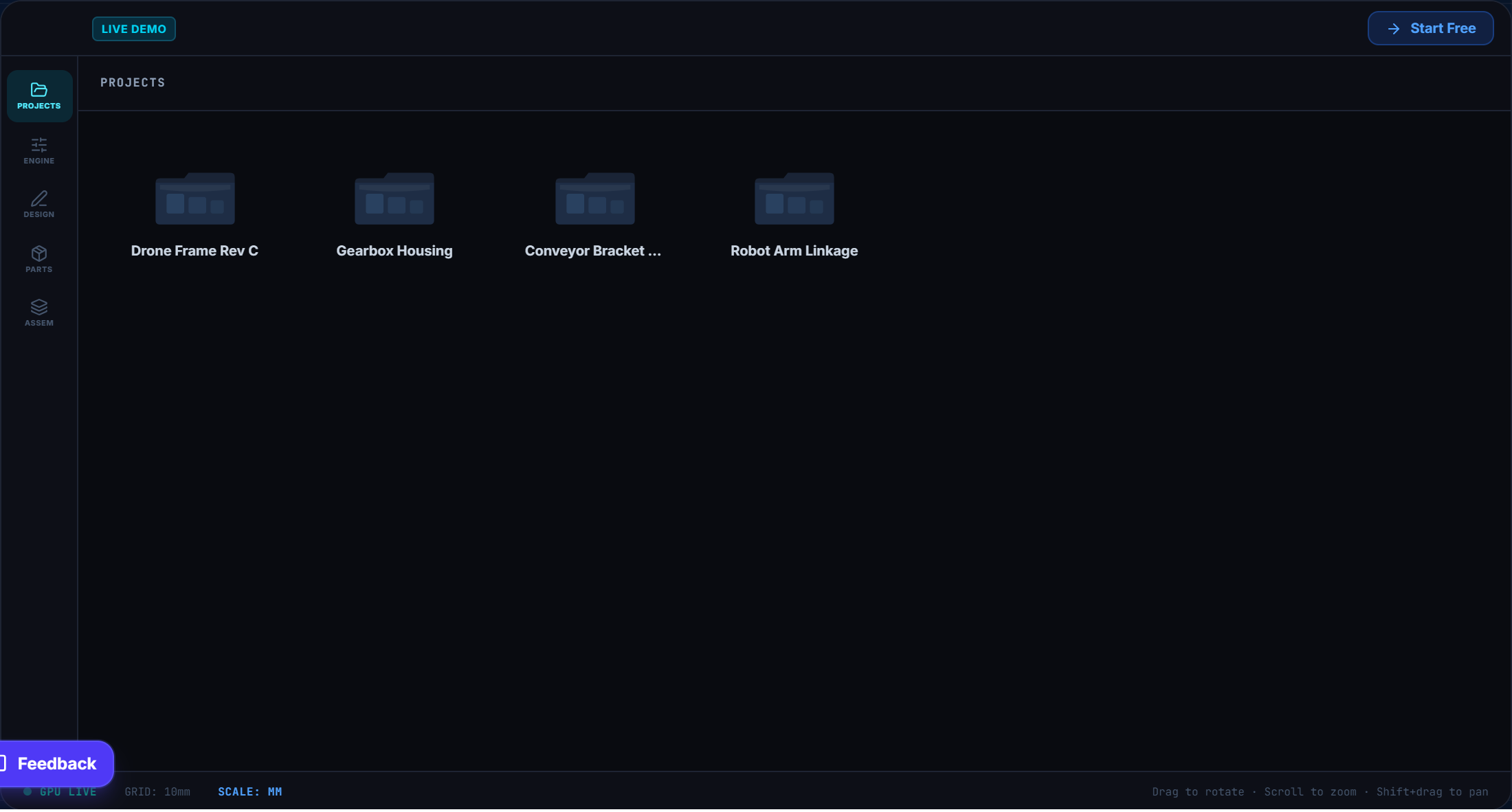 InnovaBeam Projects tab showing a grid of project folders